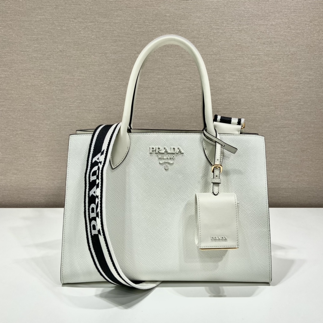 Prada Saffiano Leather Handbag Bag Tote White 1BA155